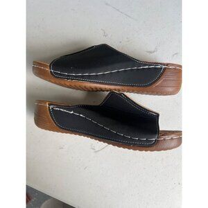 Womens Black Slide Sandals Shoes 6.5/37 Brown Cushioned Soles White Stitching